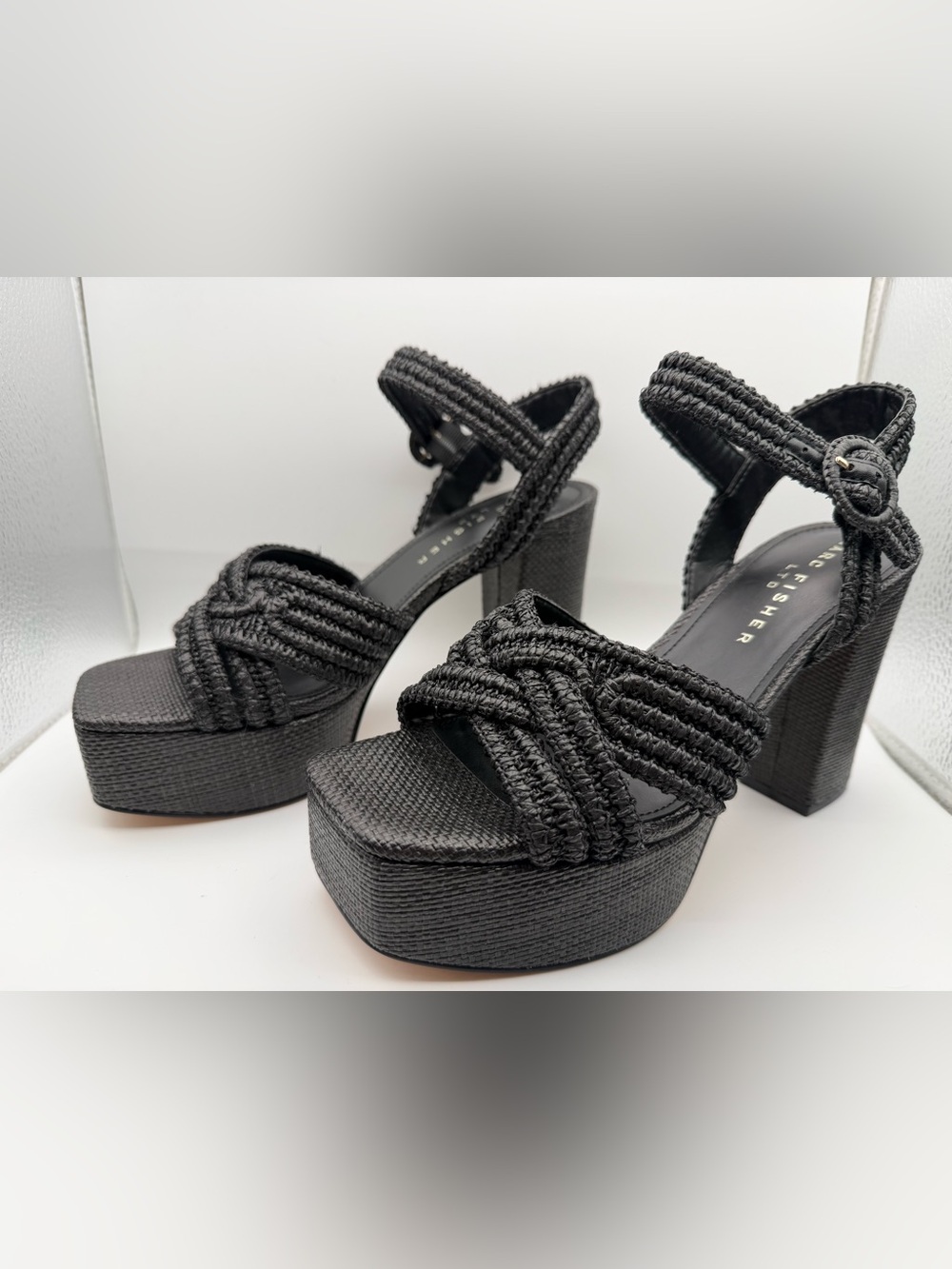 Black Chunky Platform Heeled Sandals Ankle Strap Braided Detailed